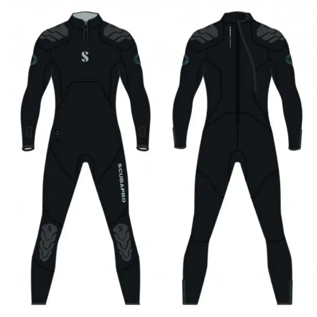 Skafander nurkowy ScubaPro EVERFLEX YULEX-DIVE 7.5/5 mm – ekologiczny, półsuchy kombinezon z pianki roślinnej Yulex®, wodoszczelny z zamkami YKK i wzmocnieniami na ramionach oraz siedzeniu.