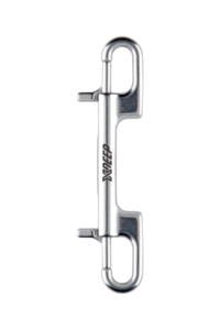 XDeep Karabińczyk NX Series dwustronny, wykonany ze stali nierdzewnej, widok z boku, ukazujący jego ergonomiczny kształt i dwustronny mechanizm mocujący.