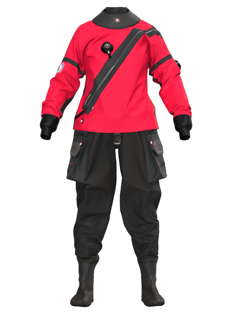 Suchy damski kombinezon nurkowy Ursuit Cordura Lady w czarnym kolorze, z wzmocnieniami na kolanach i łokciach, wyposażony w pojemne Tech-pockets oraz ergonomiczny damski krój.