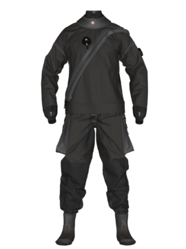 Suchy kombinezon nurkowy Ursuit Cordura, czarny, z wzmocnieniami na kolanach, łokciach i siedzeniu, wyposażony w pojemne Tech-pockets z D-ringami