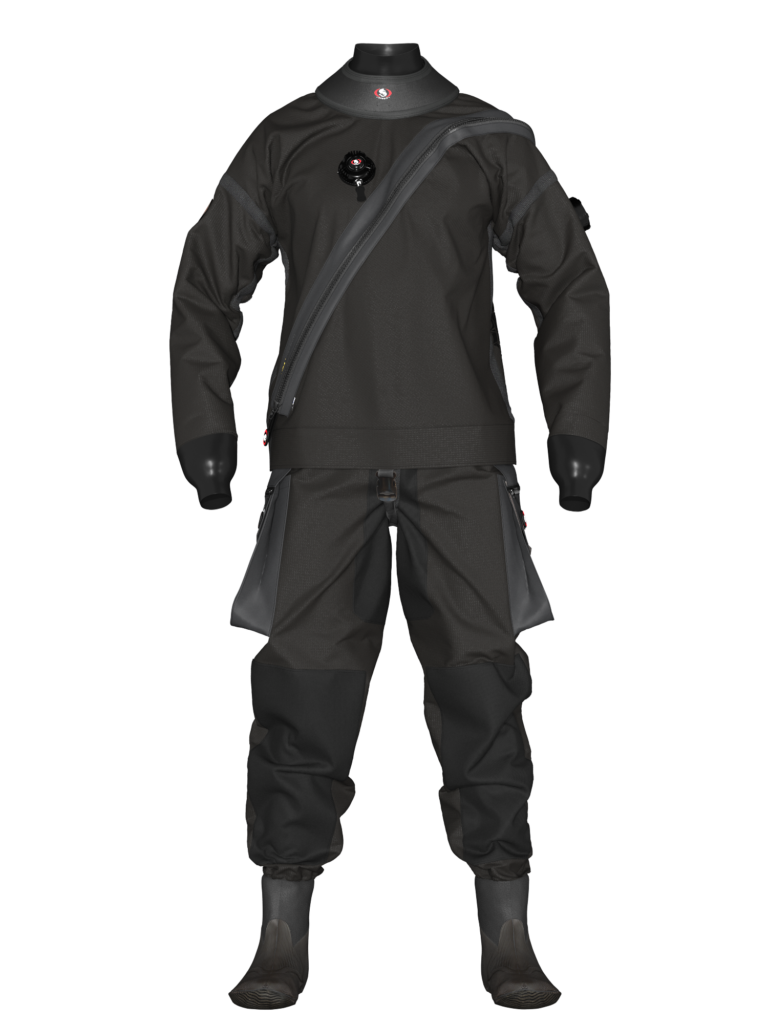 Suchy kombinezon nurkowy Ursuit Cordura, czarny, z wzmocnieniami na kolanach, łokciach i siedzeniu, wyposażony w pojemne Tech-pockets z D-ringami