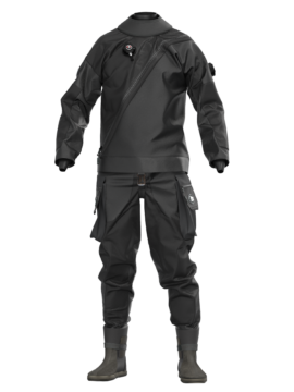 Suchy kombinezon Ursuit One Performance z lekkiego, trójwarstwowego trilaminatu, z teleskopową talią, przednim zamkiem i wzmocnieniami Cordura, przeznaczony do nurkowania w zimnych wodach.