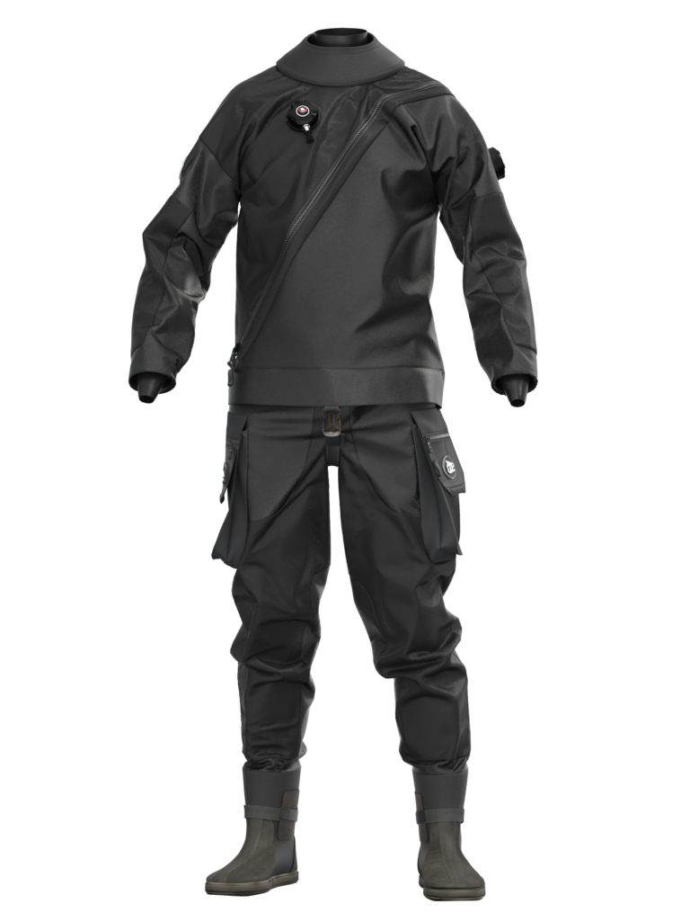 Suchy kombinezon Ursuit One Performance z lekkiego, trójwarstwowego trilaminatu, z teleskopową talią, przednim zamkiem i wzmocnieniami Cordura, przeznaczony do nurkowania w zimnych wodach.