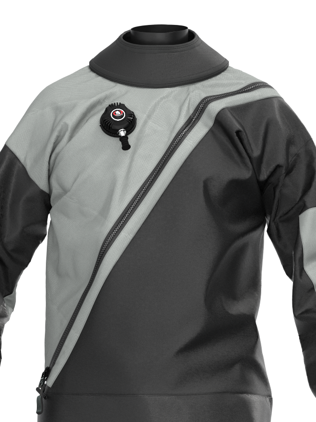 Suchy kombinezon Ursuit One Performance z lekkiego, trójwarstwowego trilaminatu, z teleskopową talią, przednim zamkiem i wzmocnieniami Cordura, przeznaczony do nurkowania w zimnych wodach.