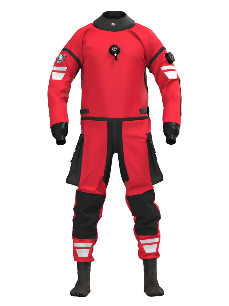Suchy kombinezon Ursuit Cordura RedQ BZ z odblaskami, wykonany z trójwarstwowej Cordury, przeznaczony do nurkowania ratowniczego i technicznego