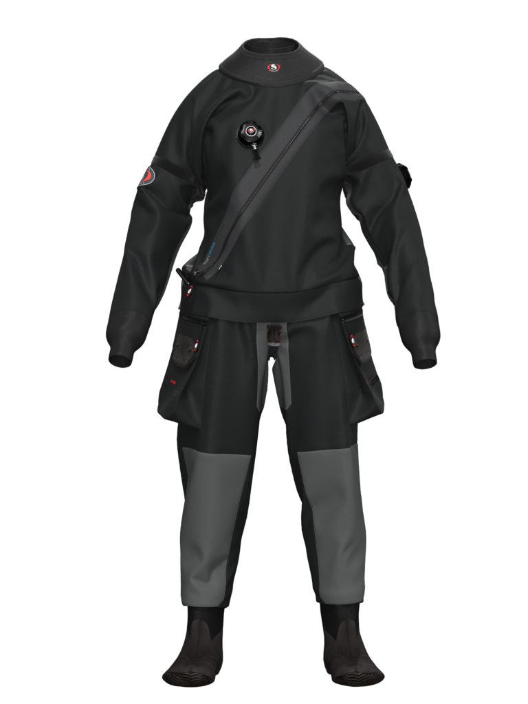 Suchy kombinezon damski Ursuit Softdura Lady w ergonomicznym kroju, wykonany z trójwarstwowego materiału z wzmocnieniami Cordura, przeznaczony do nurkowania w wymagających warunkach.