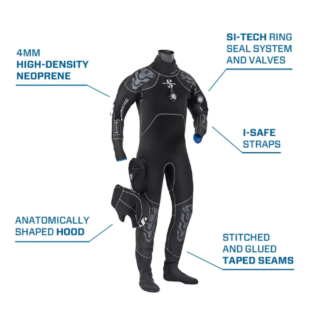 Suchy skafander męski Scubapro Everdry 4.0 1 ScubaPro Everdry 4.0 – neoprenowy suchy kombinezon 4 mm dla nurków, elastyczny i ciepły, z systemem szelek i wzmocnionymi panelami na ramionach i kolanach.