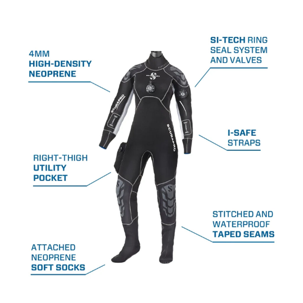 ScubaPro Everdry 4.0 – neoprenowy suchy kombinezon 4 mm dla nurków, elastyczny i ciepły, z systemem szelek i wzmocnionymi panelami na ramionach i kolanach.