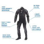 ScubaPro Exodry Drysuit – suchy skafander z neoprenu 4 mm z lateksowymi uszczelnieniami i półsztywnymi butami, zaprojektowany dla komfortu i pełnej mobilności pod wodą.