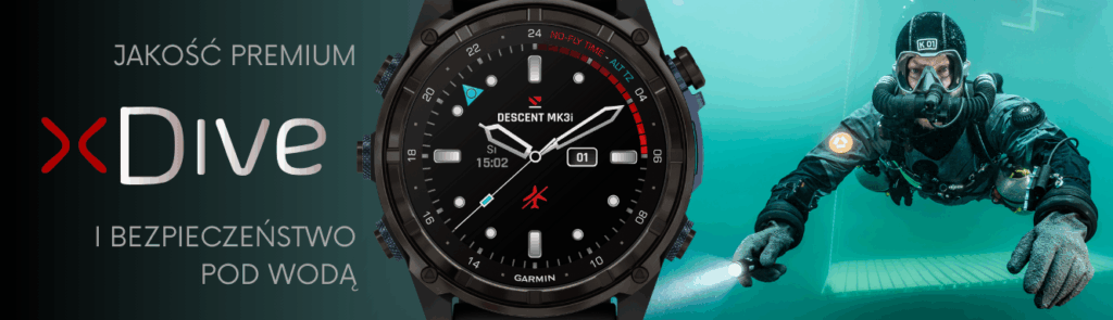 Baner promocyjny XDive: Zegarek Garmin Descent Mk3i z funkcjami premium i bezpieczeństwem pod wodą. Widoczny nurek w pełnym rynsztunku oświetlający drogę.