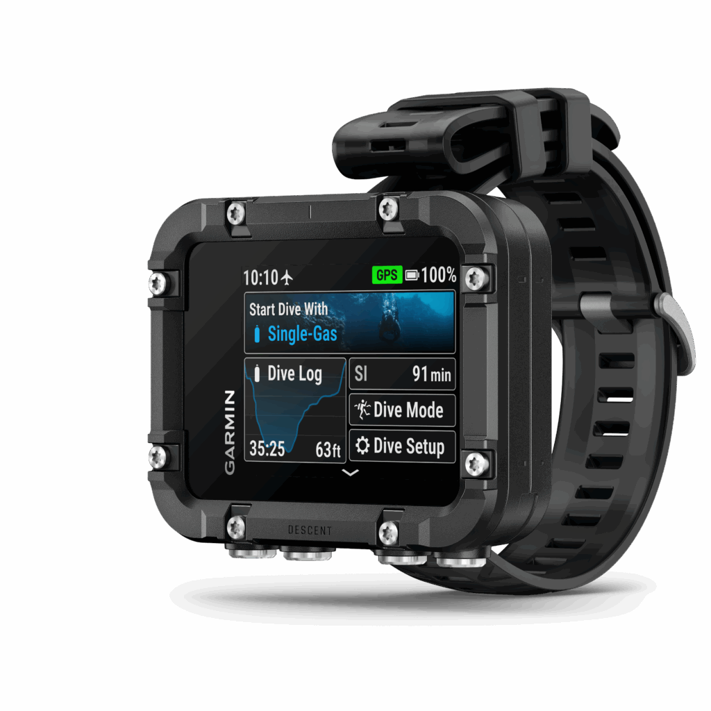 Garmin Descent X30, komputer nurkowy o przekątnej 2,4″, z wyraźnym, kolorowym wyświetlaczem. Widoczne są ikony symbolizujące poszczególne funkcje, takie jak wytrzymała konstrukcja, łatwe w obsłudze przyciski, profile nurkowania, nawigacja GPS i wskaźniki głębokości.
