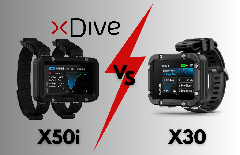 Komputer nurkowy Garmin Descent X30 z wyświetlaczem 2,4 cala na tle wody