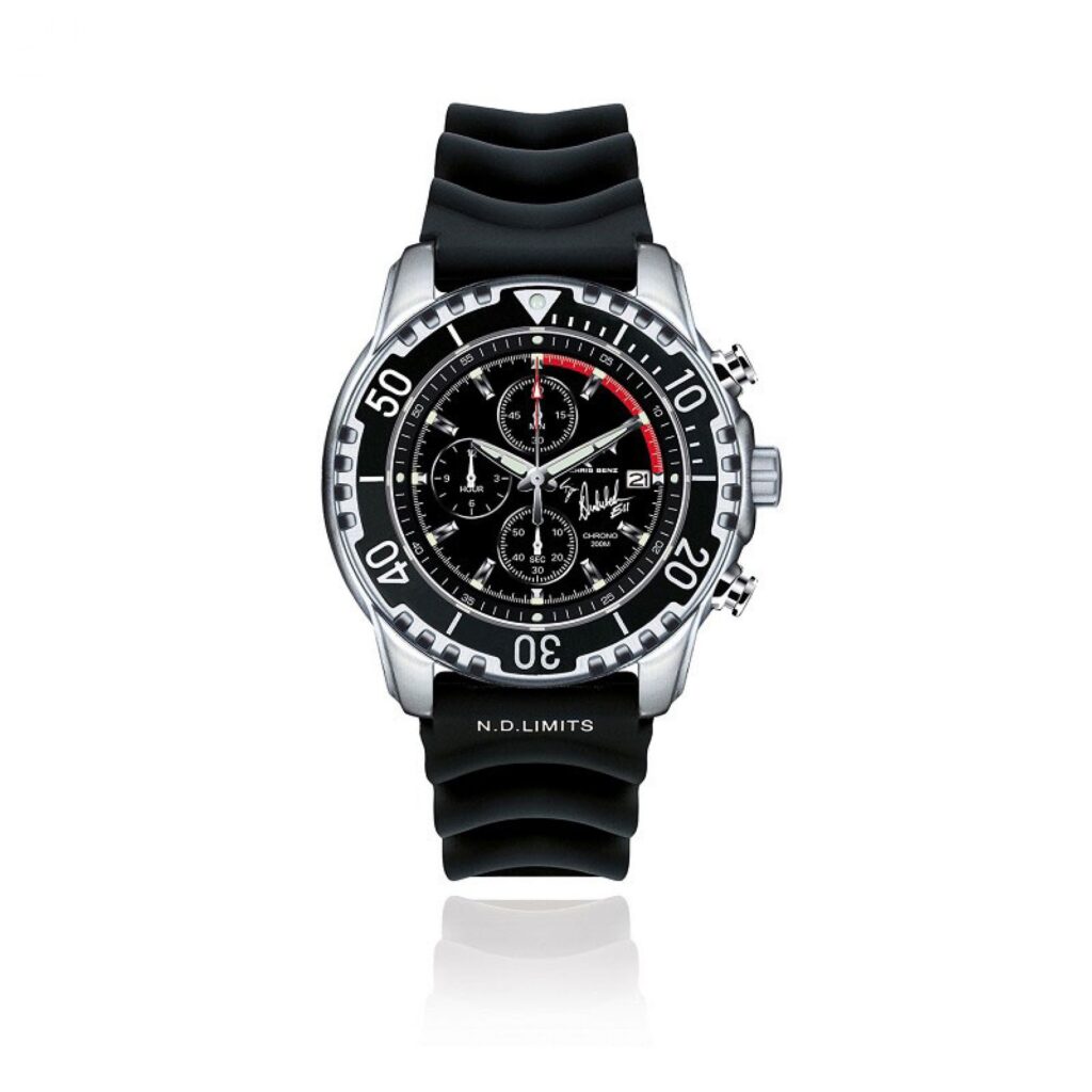 Zegarek Chris Benz Surf&Sail Bjorn Dunkerbeck Chronograph 200M CB-200BD-KBS z czarną tarczą i gumowym paskiem, sygnowany podpisem Björna Dunkerbecka
