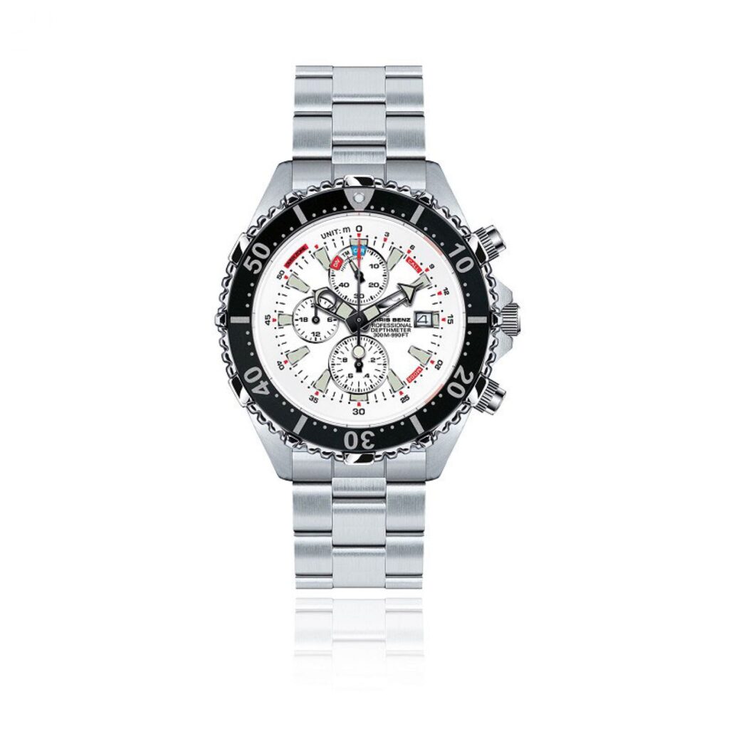 Chris Benz Depthmeter Chronograph 300M – zegarek nurkowy z kopertą ze stali nierdzewnej, szafirowym szkłem, analogowym głębokościomierzem i luminescencyjnymi wskazówkami.
