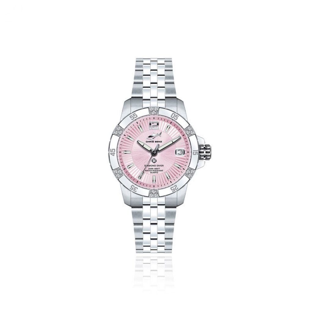 Chris Benz Diamond Diver Pink Pearl Harbour – zegarek nurkowy damski z bezelem ozdobionym 18 diamentami, szkłem szafirowym i stalową bransoletą Jubilee.