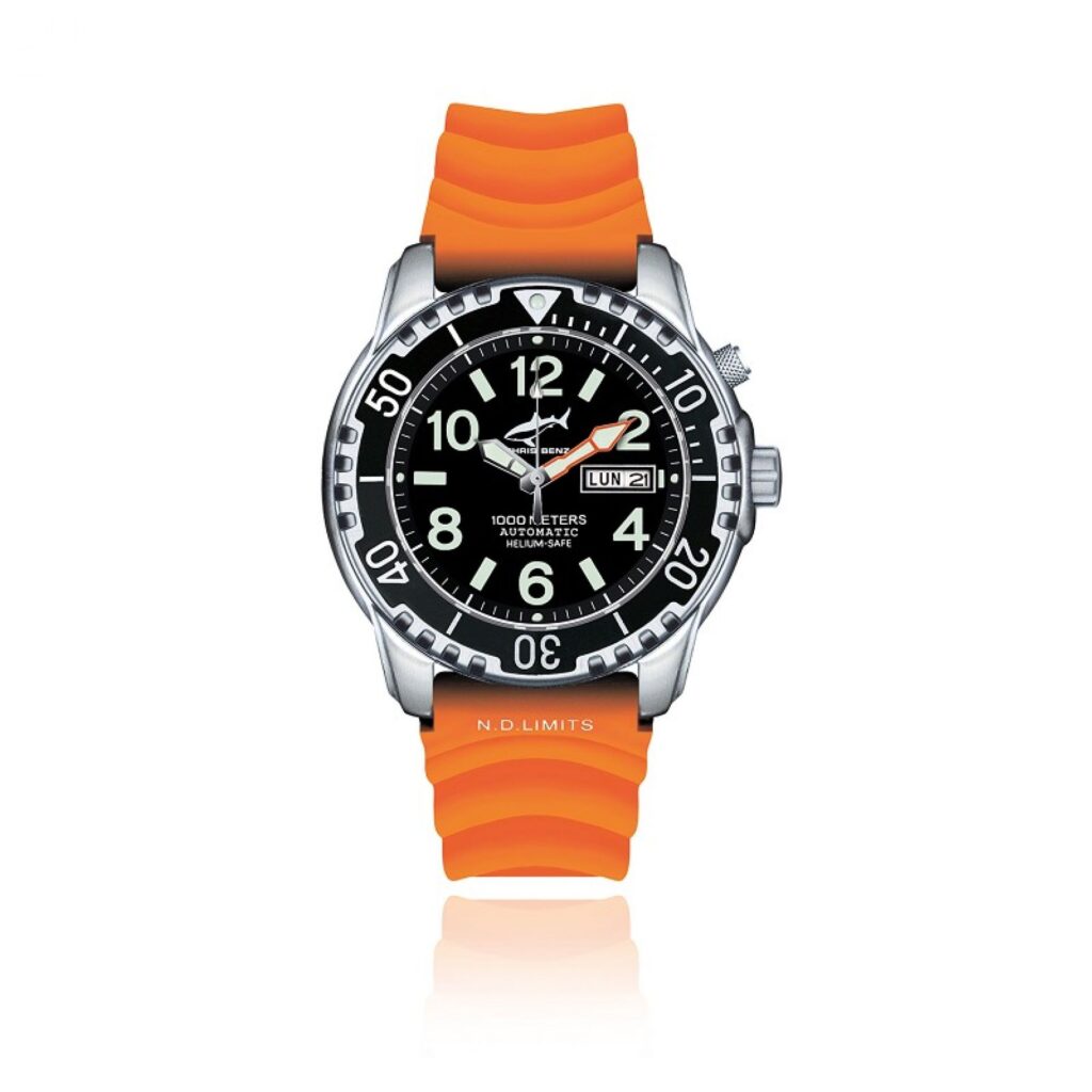 Zegarek nurkowy Chris Benz Deep 1000M Automatic z kopertą ze stali nierdzewnej, szafirowym szkłem, zaworem helowym i gumowym paskiem – profesjonalny zegarek do nurkowania głębinowego.