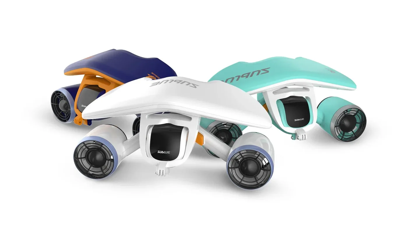 SUBLUE Mix skuter podwodny w kolorach biały, turkusowy i niebieski.