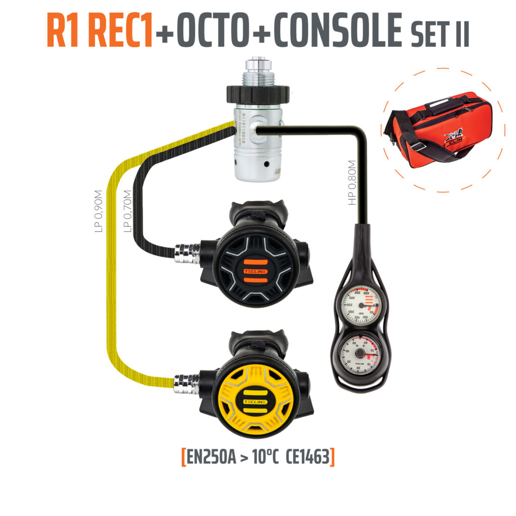 Zestaw automatów oddechowych Tecline R1 REC1, octopus, konsola 2-elementowa, EN250A >10°C 1 Tecline R1 REC1 zestaw II z konsolą 2 el.