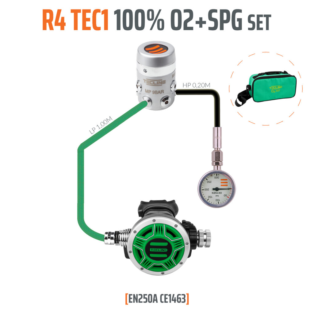 Zestaw automatów oddechowych Tecline R4 TEC1 100% O2 M26x2, stage, EN250A 1 Automat R4 TEC1 100% O2 M26x2 z manometrem zestaw stage EN250A