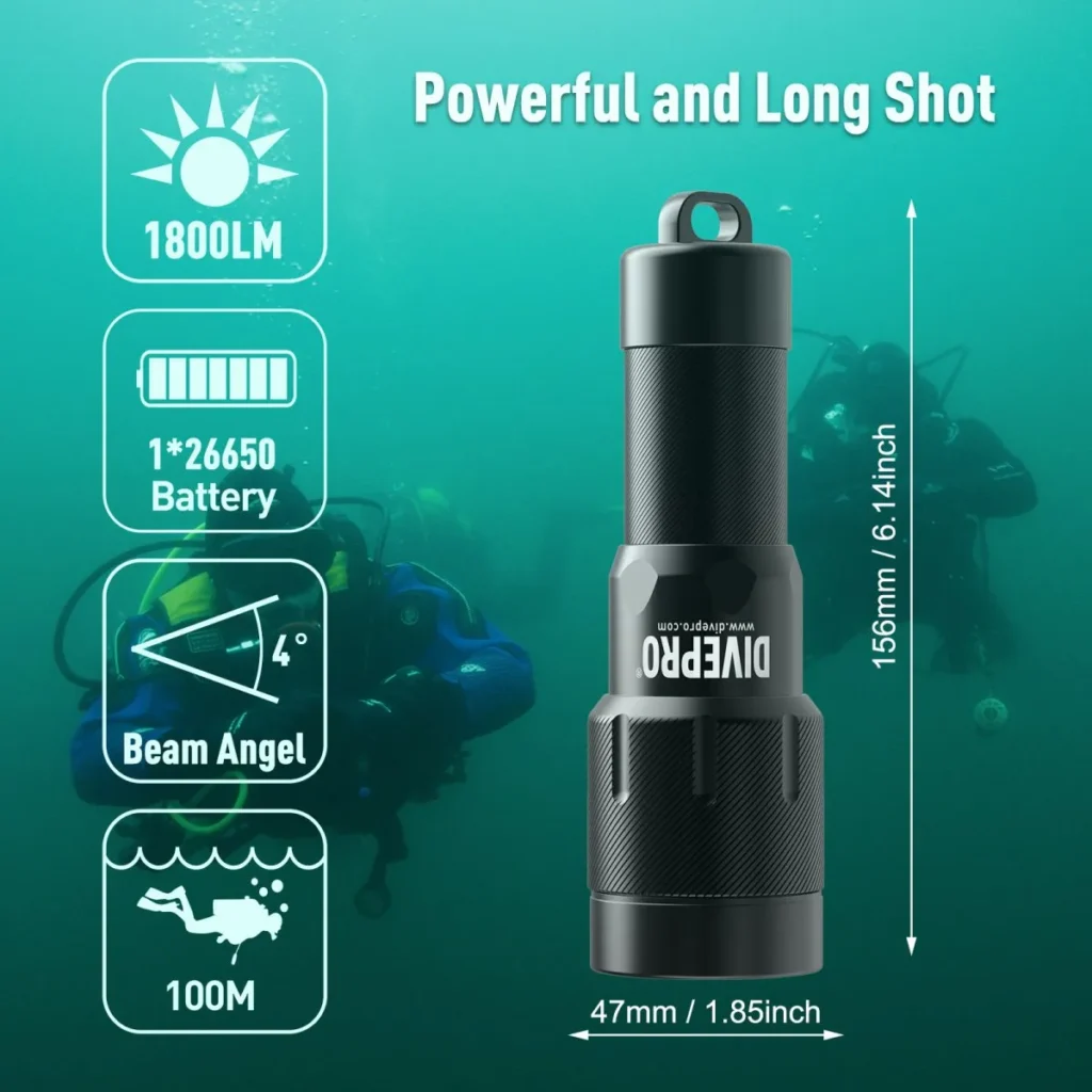 Latarka nurkowa DivePro D6 V2 1800 lm, LED CREE XM-L3, zestaw z akumulatorem i ładowarką 1 D18 2 1200x1200.jpg