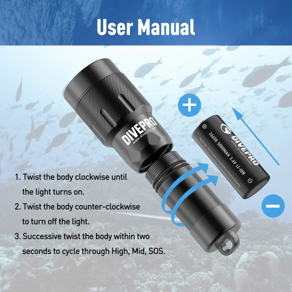 Latarka nurkowa DivePro D6 V2 1800 lm, LED CREE XM-L3, zestaw z akumulatorem i ładowarką 2 D18 4.jpg