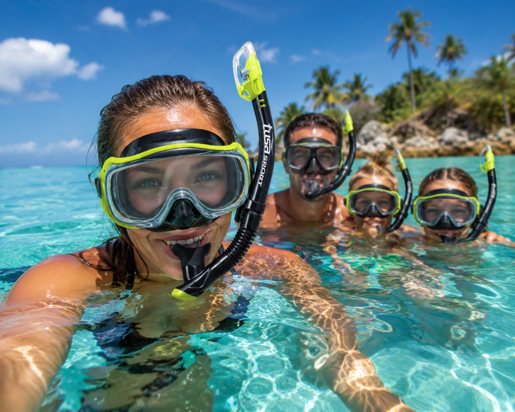 Zestaw maska i fajka TUSA Imprex 3D UC-3325, HyperDry 1 Uśmiechnięta kobieta snorkelinguje w ciepłej, tropikalnej wodzie w zestawie TUSA Sport Imprex 3D z fajką, a w tle widać rodzinę z dziećmi podczas wspólnej zabawy w morzu.